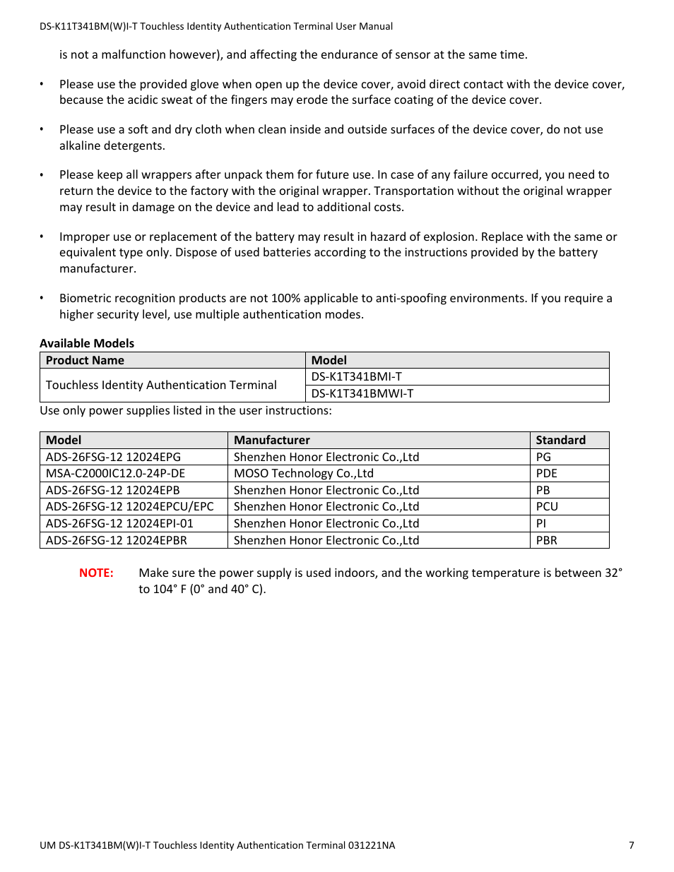 Hikvision DS-K1T341BMWI-T Touchless Identity Authentication Terminal User Manual | Page 7 / 141