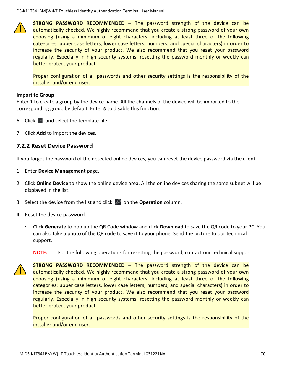 2 reset device password | Hikvision DS-K1T341BMWI-T Touchless Identity Authentication Terminal User Manual | Page 70 / 141