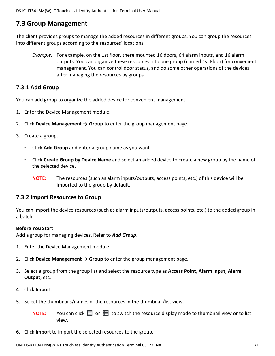 3 group management, 1 add group, 2 import resources to group | Hikvision DS-K1T341BMWI-T Touchless Identity Authentication Terminal User Manual | Page 71 / 141