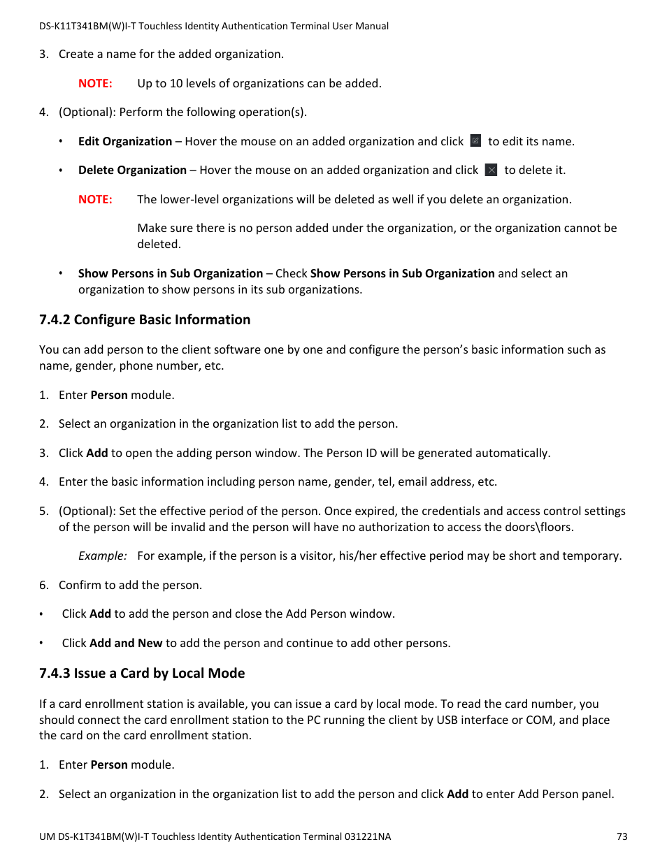 2 configure basic information, 3 issue a card by local mode | Hikvision DS-K1T341BMWI-T Touchless Identity Authentication Terminal User Manual | Page 73 / 141
