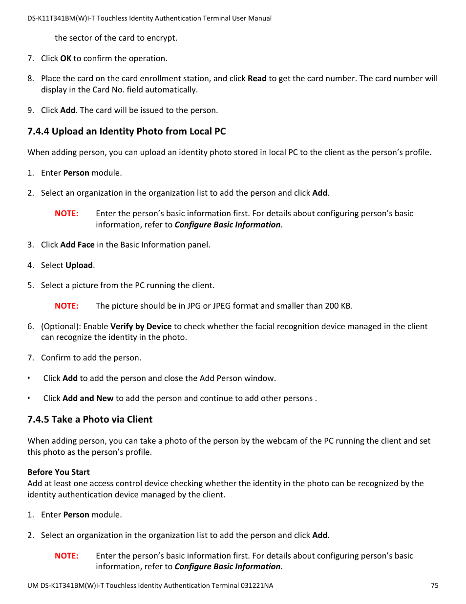 4 upload an identity photo from local pc, 5 take a photo via client | Hikvision DS-K1T341BMWI-T Touchless Identity Authentication Terminal User Manual | Page 75 / 141