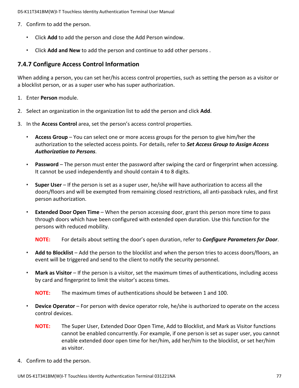 7 configure access control information | Hikvision DS-K1T341BMWI-T Touchless Identity Authentication Terminal User Manual | Page 77 / 141