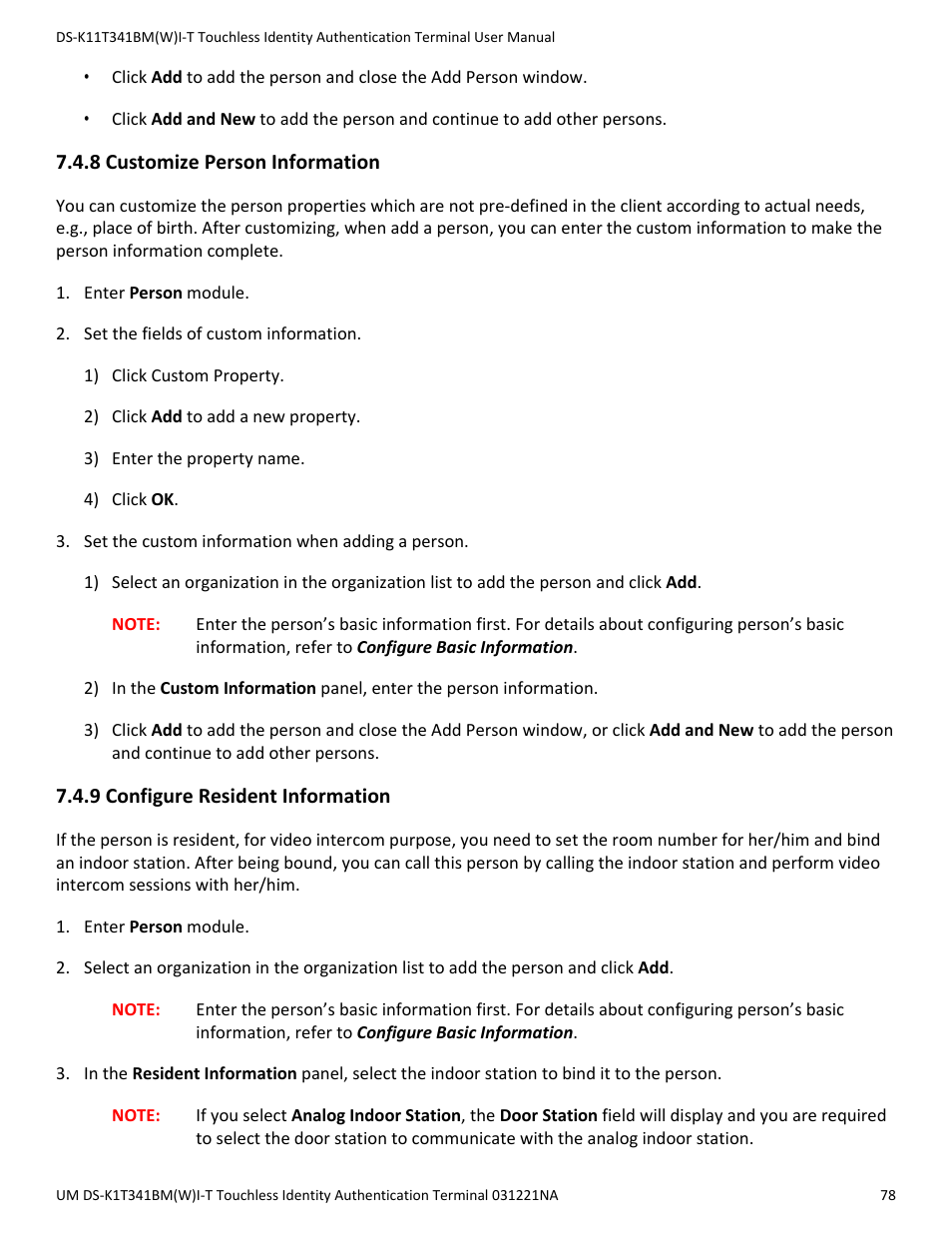 8 customize person information, 9 configure resident information | Hikvision DS-K1T341BMWI-T Touchless Identity Authentication Terminal User Manual | Page 78 / 141