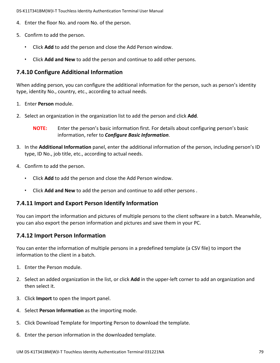 10 configure additional information, 11 import and export person identify information, 12 import person information | Hikvision DS-K1T341BMWI-T Touchless Identity Authentication Terminal User Manual | Page 79 / 141