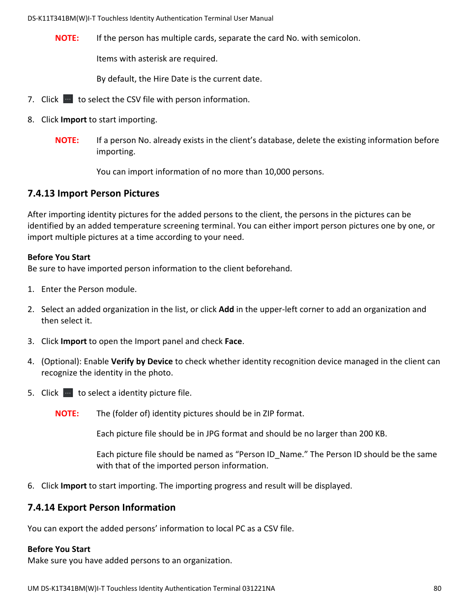 13 import person pictures, 14 export person information | Hikvision DS-K1T341BMWI-T Touchless Identity Authentication Terminal User Manual | Page 80 / 141