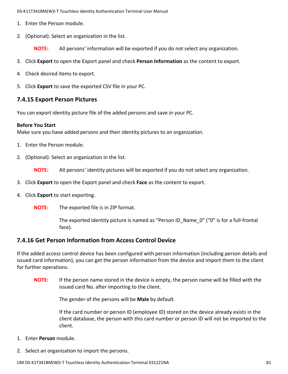 15 export person pictures | Hikvision DS-K1T341BMWI-T Touchless Identity Authentication Terminal User Manual | Page 81 / 141
