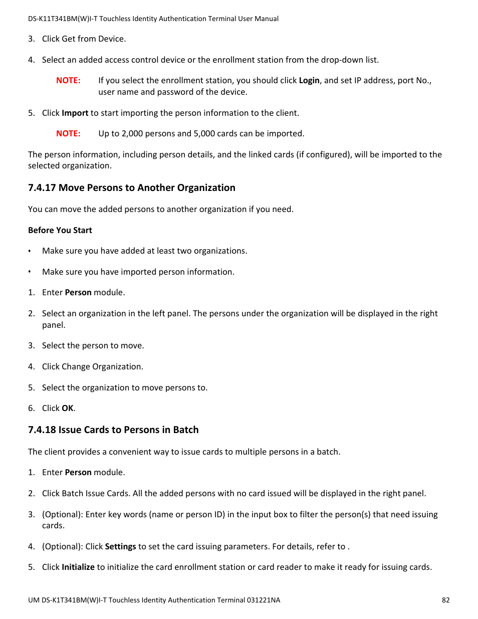 17 move persons to another organization, 18 issue cards to persons in batch | Hikvision DS-K1T341BMWI-T Touchless Identity Authentication Terminal User Manual | Page 82 / 141