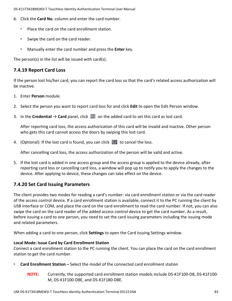 19 report card loss, 20 set card issuing parameters | Hikvision DS-K1T341BMWI-T Touchless Identity Authentication Terminal User Manual | Page 83 / 141