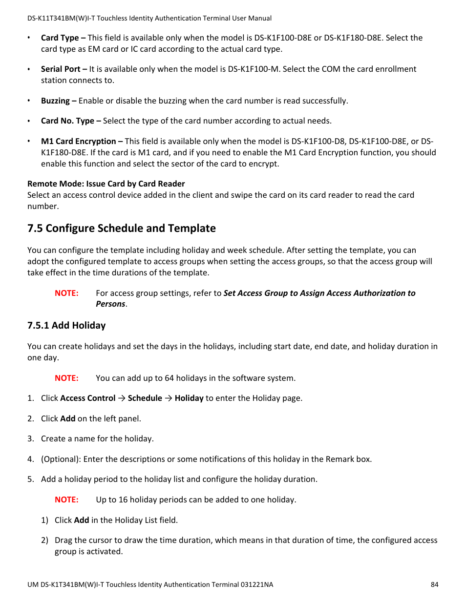 5 configure schedule and template, 1 add holiday | Hikvision DS-K1T341BMWI-T Touchless Identity Authentication Terminal User Manual | Page 84 / 141