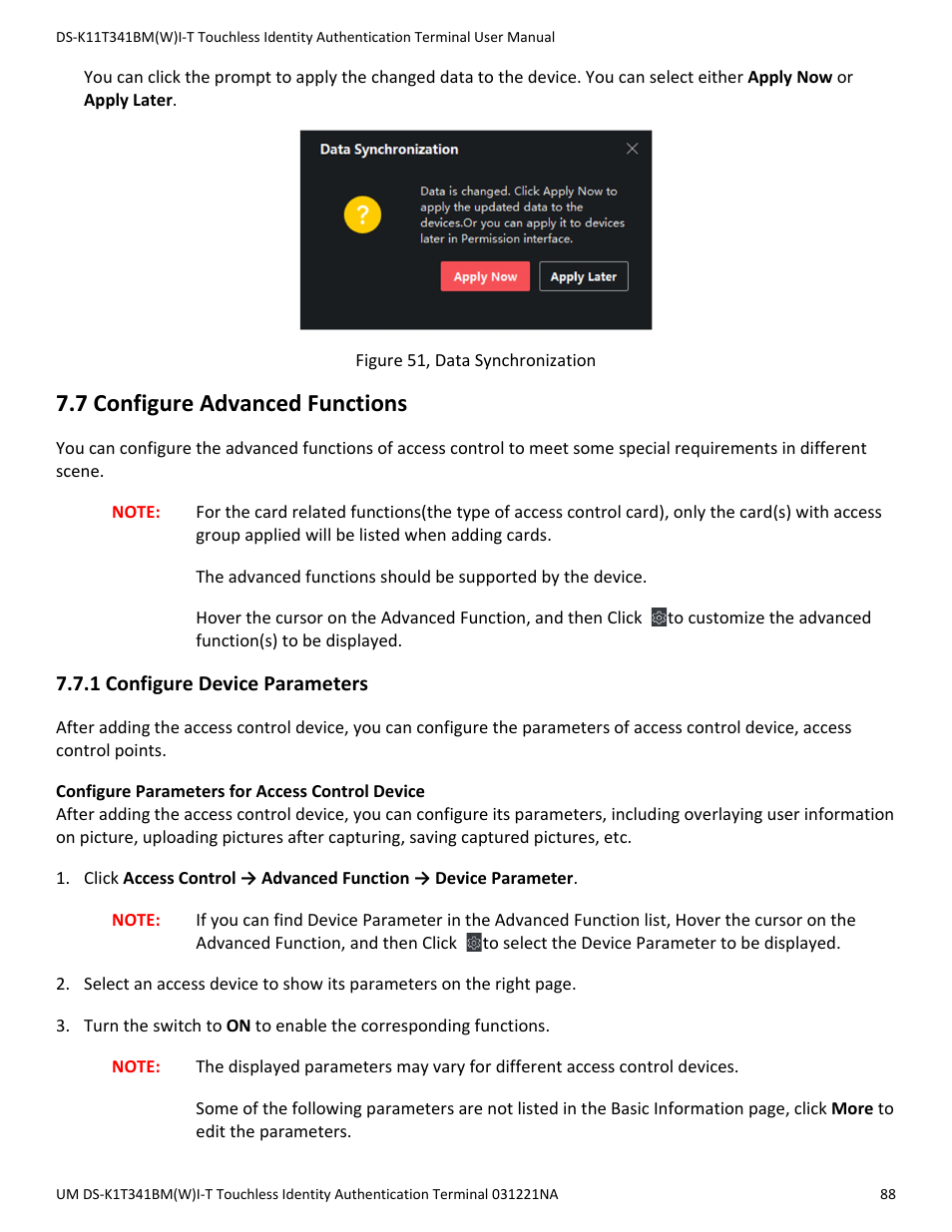 7 configure advanced functions, 1 configure device parameters | Hikvision DS-K1T341BMWI-T Touchless Identity Authentication Terminal User Manual | Page 88 / 141