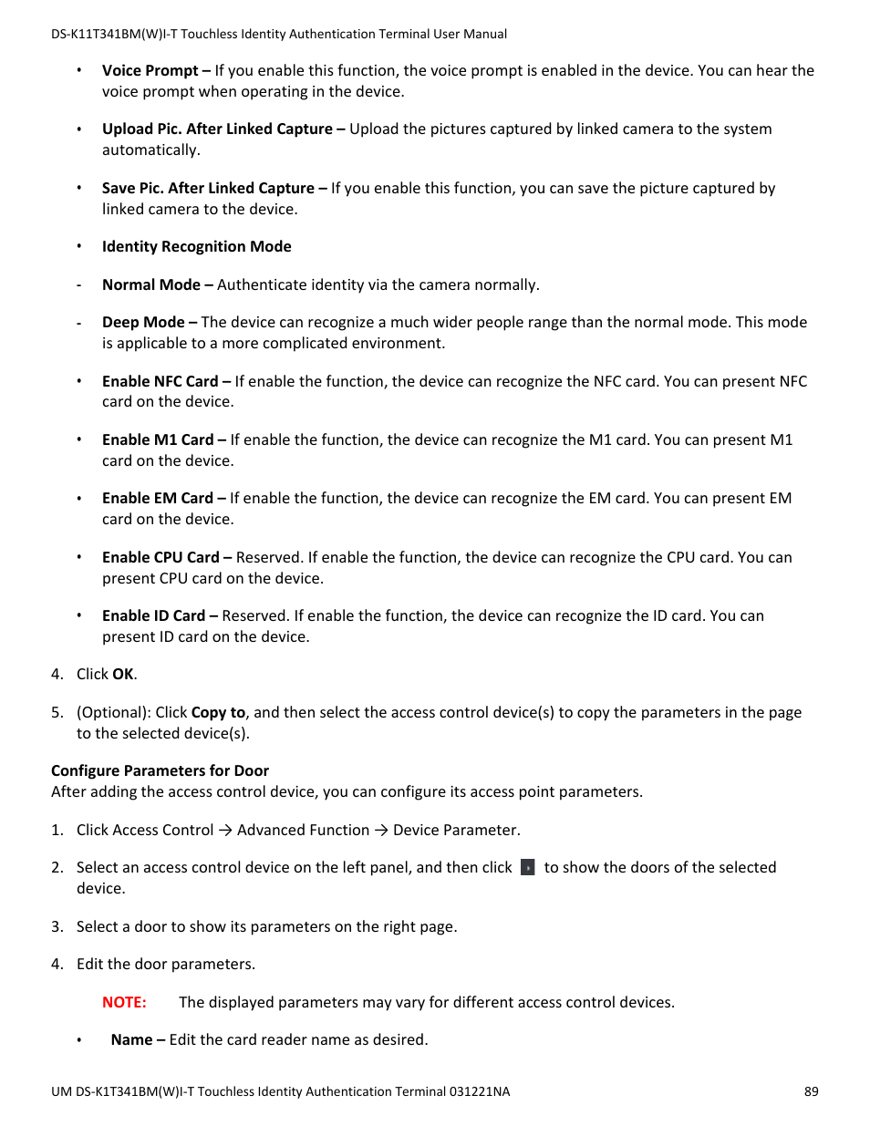 Configure parameters for door | Hikvision DS-K1T341BMWI-T Touchless Identity Authentication Terminal User Manual | Page 89 / 141