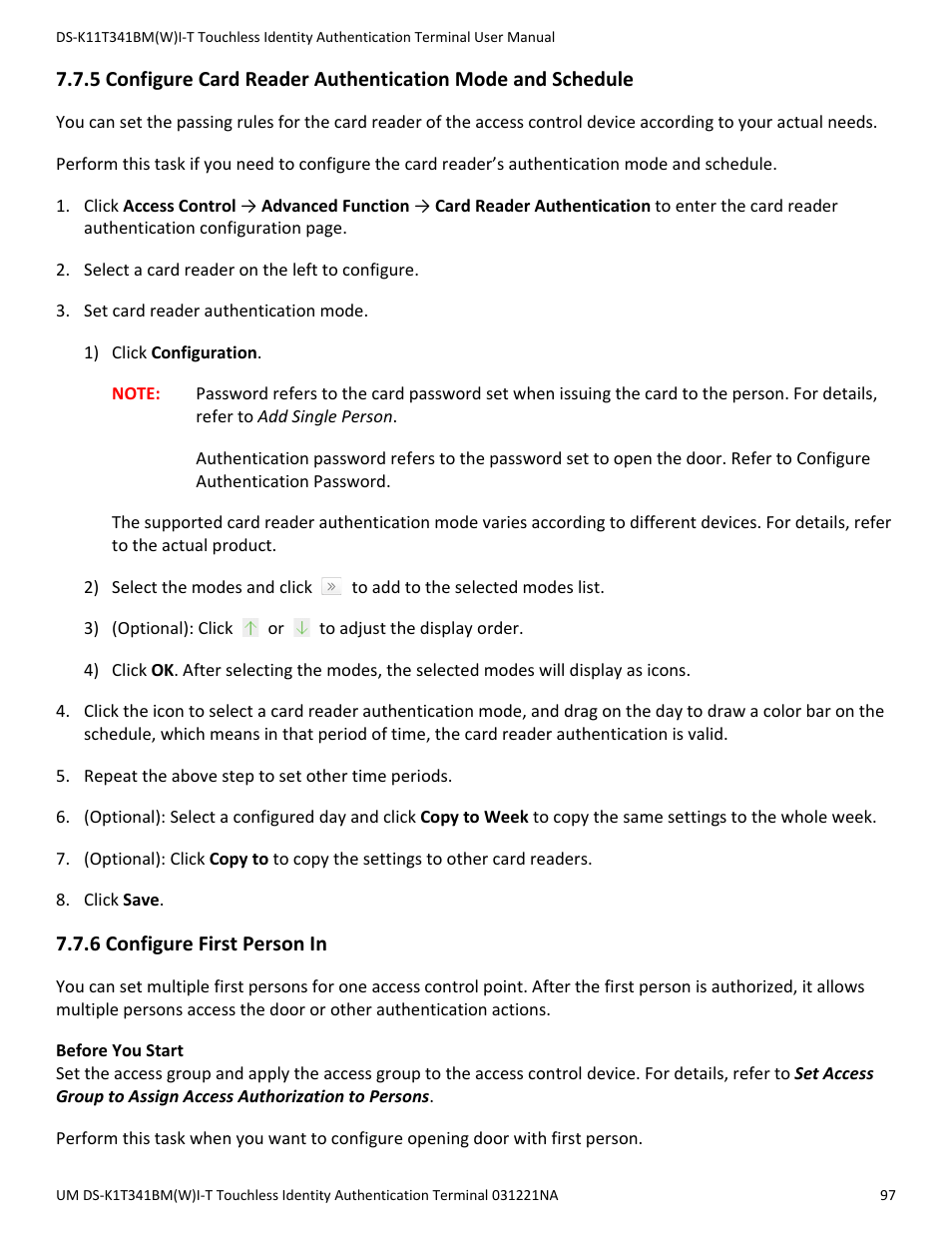 6 configure first person in | Hikvision DS-K1T341BMWI-T Touchless Identity Authentication Terminal User Manual | Page 97 / 141