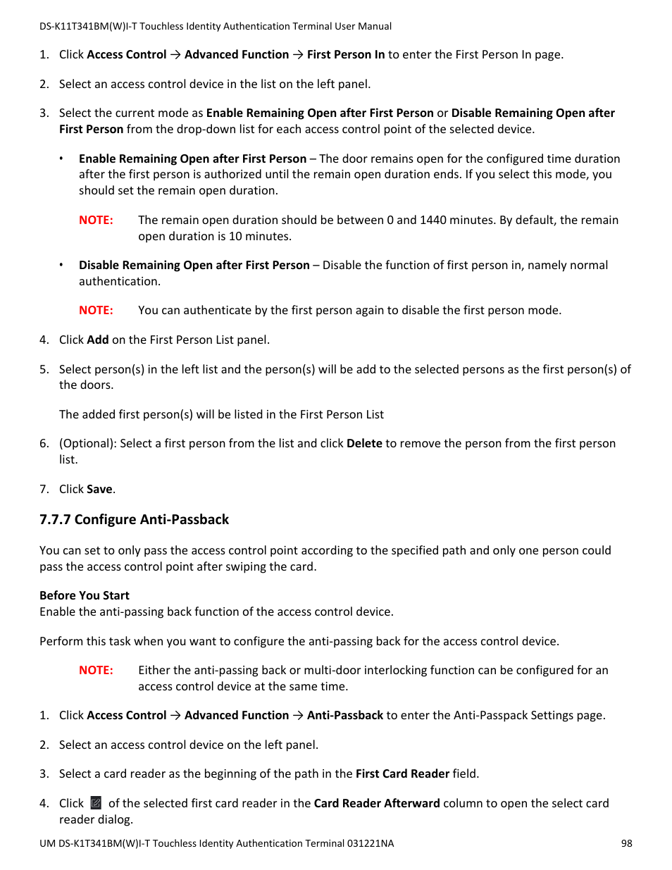 7 configure anti-passback | Hikvision DS-K1T341BMWI-T Touchless Identity Authentication Terminal User Manual | Page 98 / 141