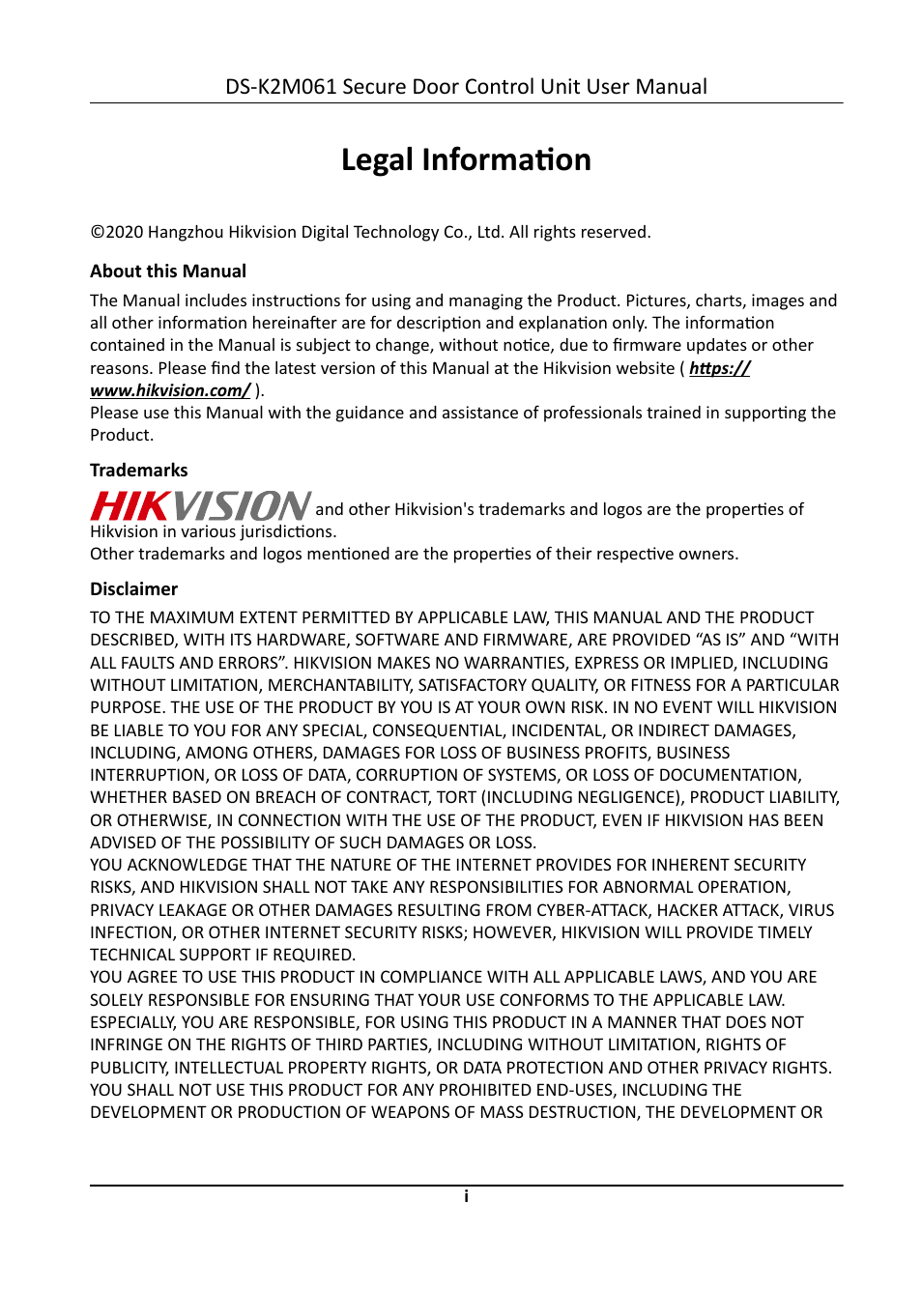 Legal information, Ds-k2m061 secure door control unit user manual | Hikvision DS-K2M061 Secure Door Control Unit User Manual | Page 2 / 17