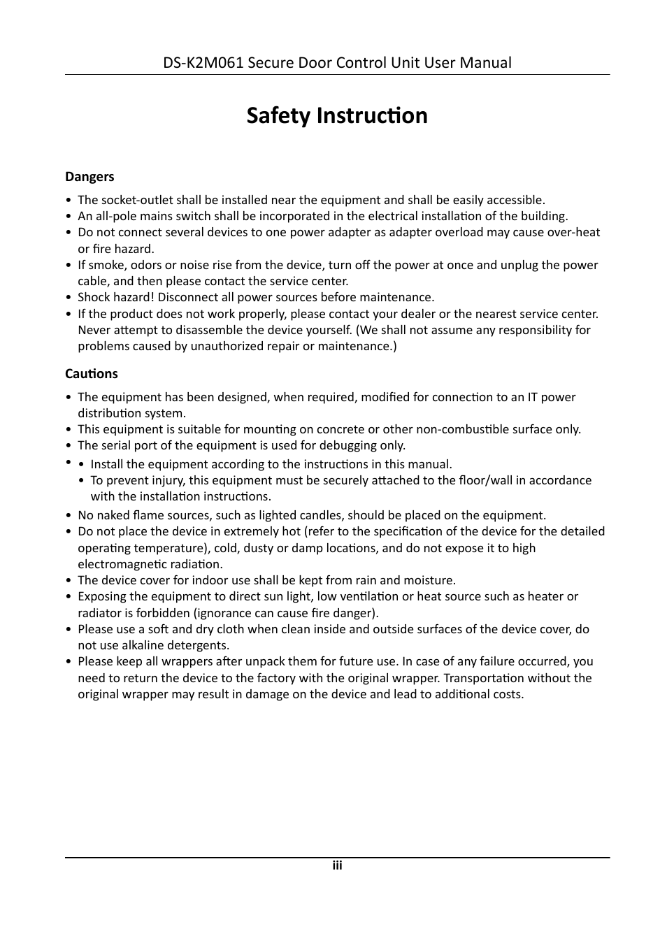 Safety instruction, Ds-k2m061 secure door control unit user manual | Hikvision DS-K2M061 Secure Door Control Unit User Manual | Page 4 / 17