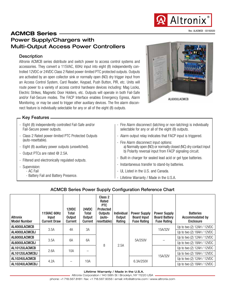 Altronix Power Supply/Charger with 8 PTC Outputs Access Power Controller (12VDC @ 4A / 24VDC @ 3A) User Manual | 2 pages