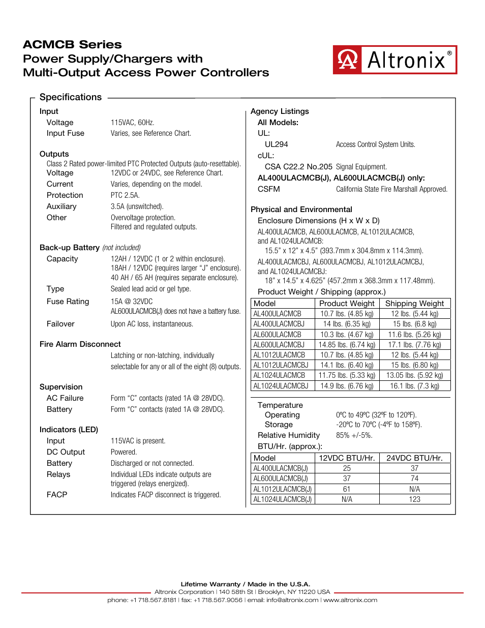 Altronix Power Supply/Charger with 8 PTC Outputs Access Power Controller (12VDC @ 4A / 24VDC @ 3A) User Manual | Page 2 / 2