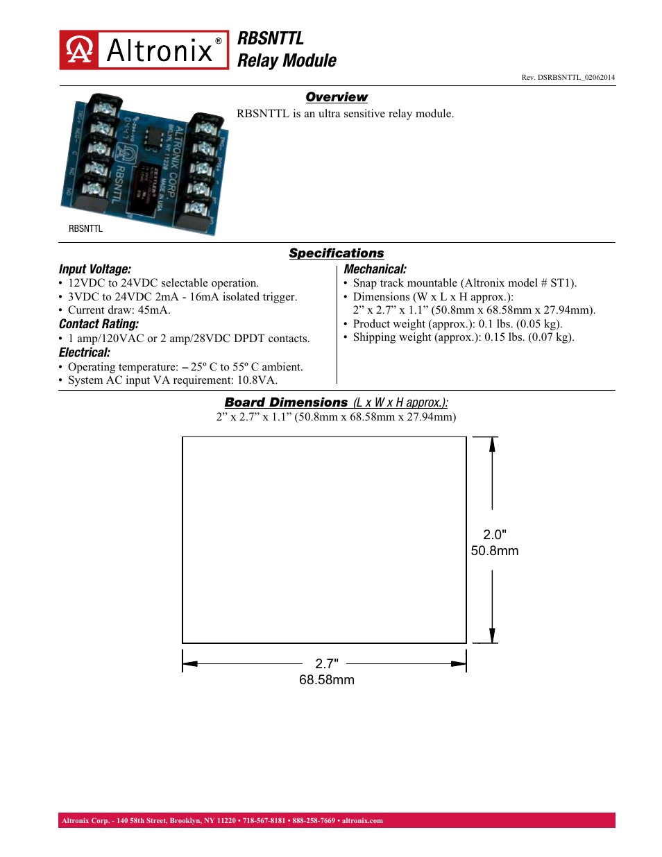 Altronix Ultra Sensitive Relay Module User Manual | 1 page