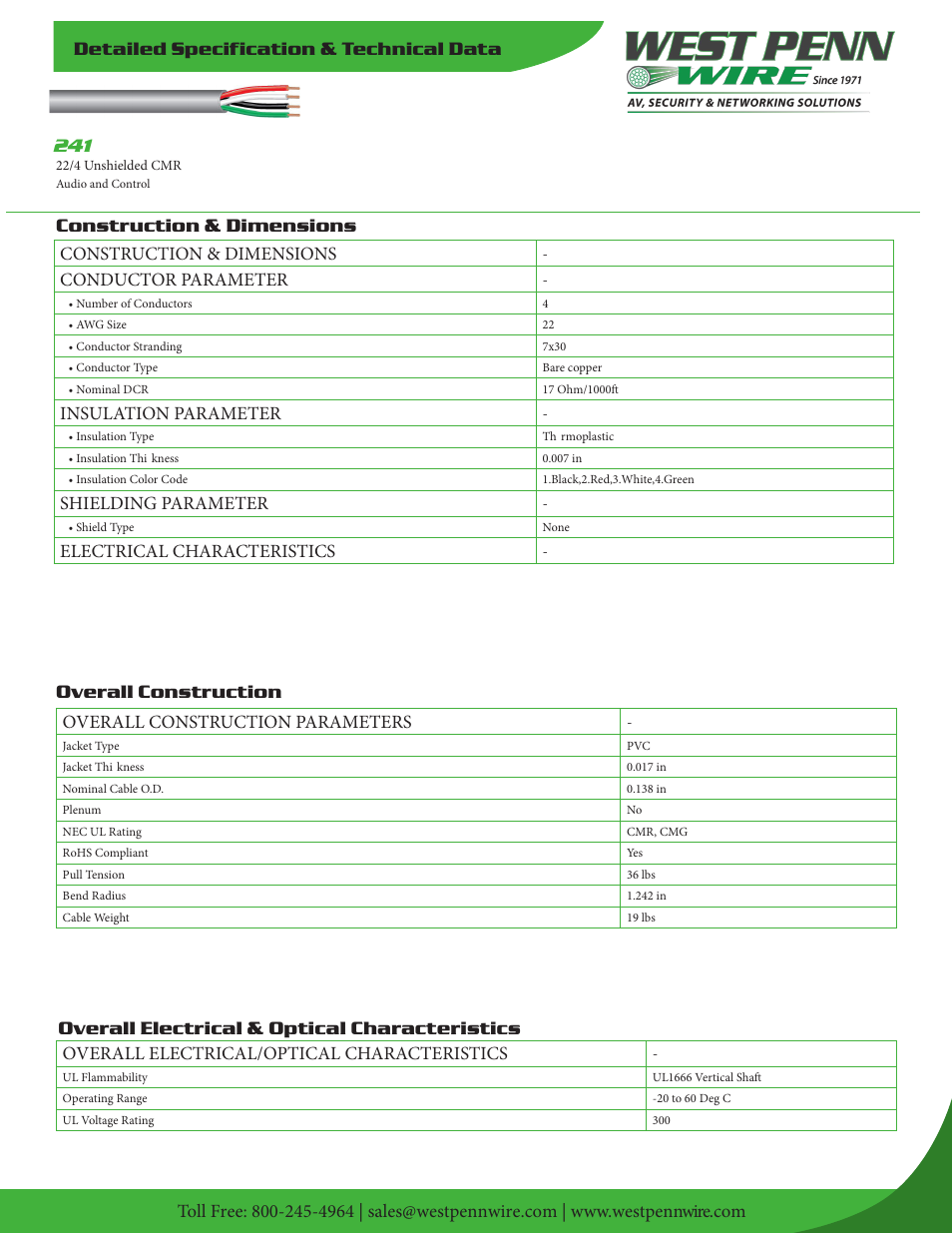 West Penn 241 22 AWG 4-Conductor Unshielded Cable (500', Gray) User Manual | 2 pages