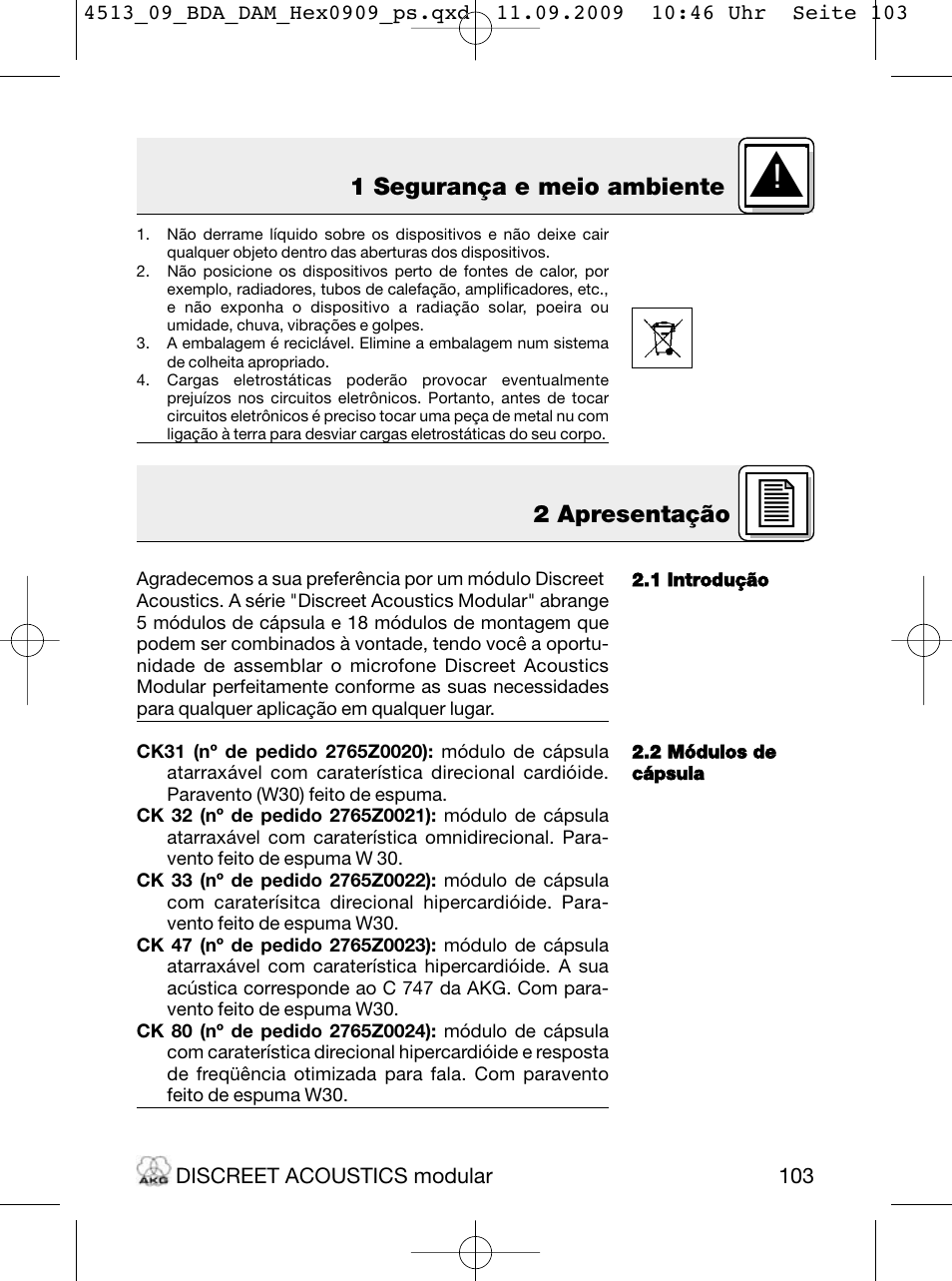 1 segurança e meio ambiente, 2 apresentação | Akg HM 1000 Ceiling Hanging Module for CK Series Microphone Capsules User Manual | Page 103 / 132