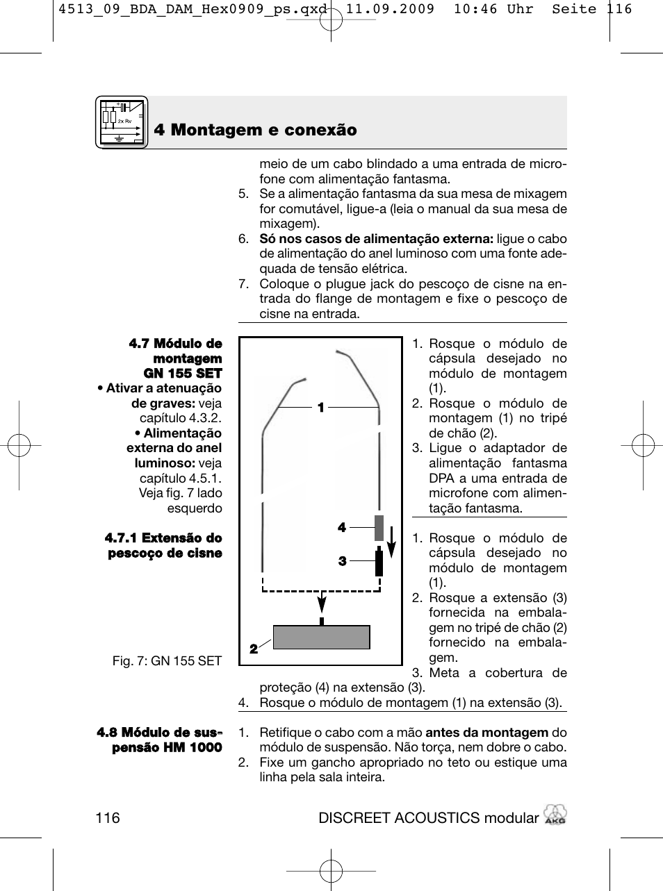 4 montagem e conexão | Akg HM 1000 Ceiling Hanging Module for CK Series Microphone Capsules User Manual | Page 116 / 132