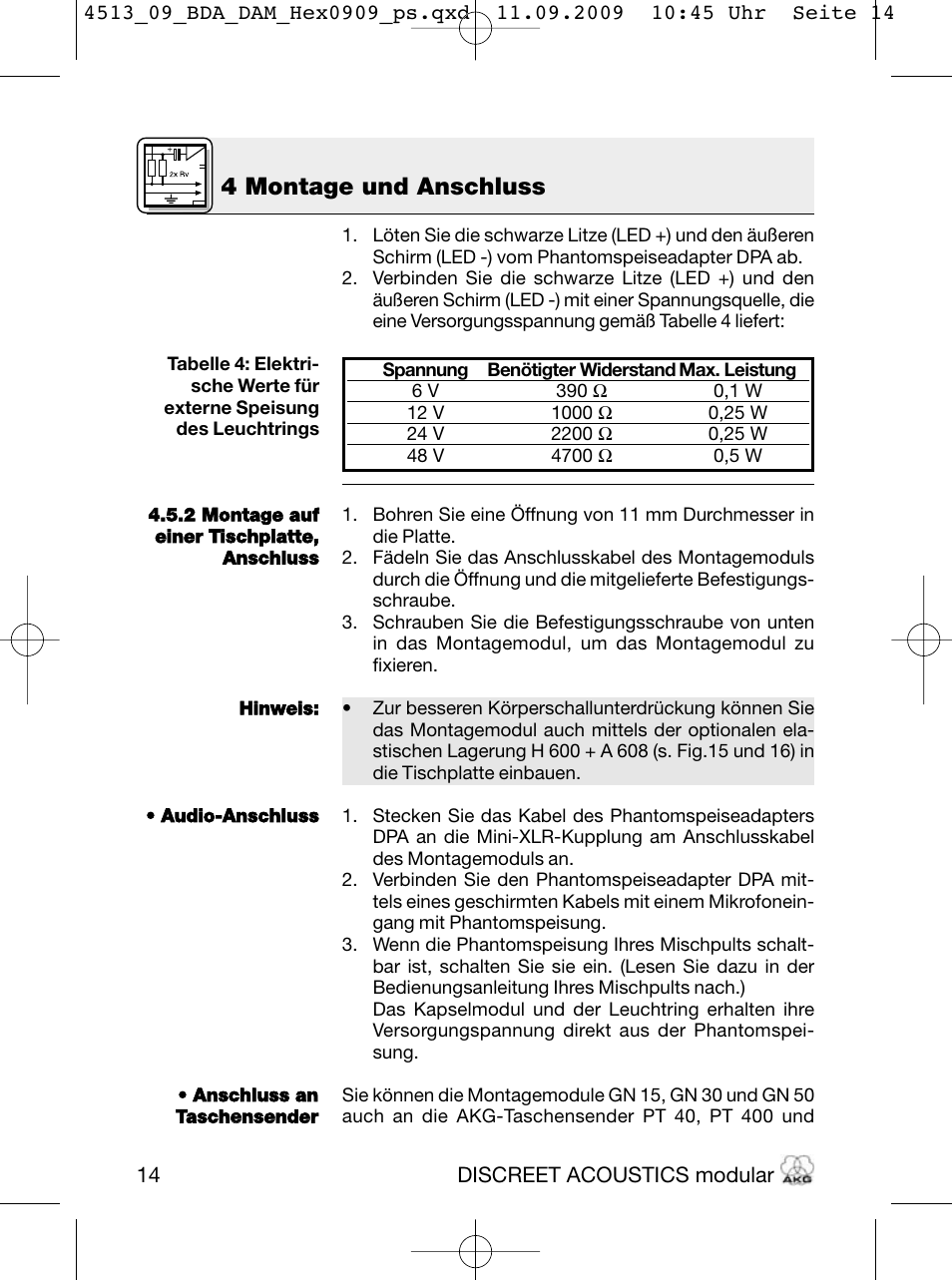4 montage und anschluss | Akg HM 1000 Ceiling Hanging Module for CK Series Microphone Capsules User Manual | Page 14 / 132