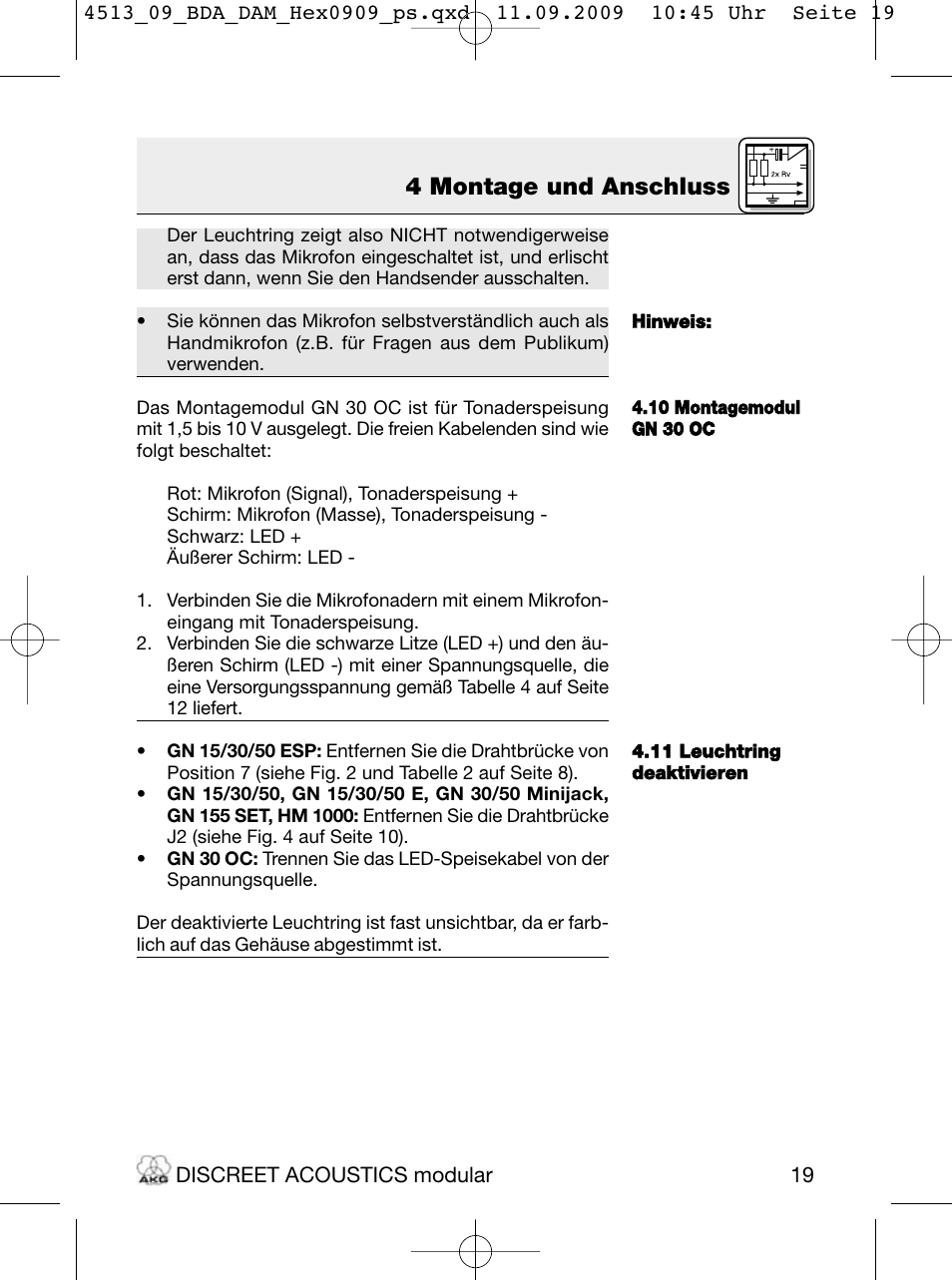 4 montage und anschluss | Akg HM 1000 Ceiling Hanging Module for CK Series Microphone Capsules User Manual | Page 19 / 132