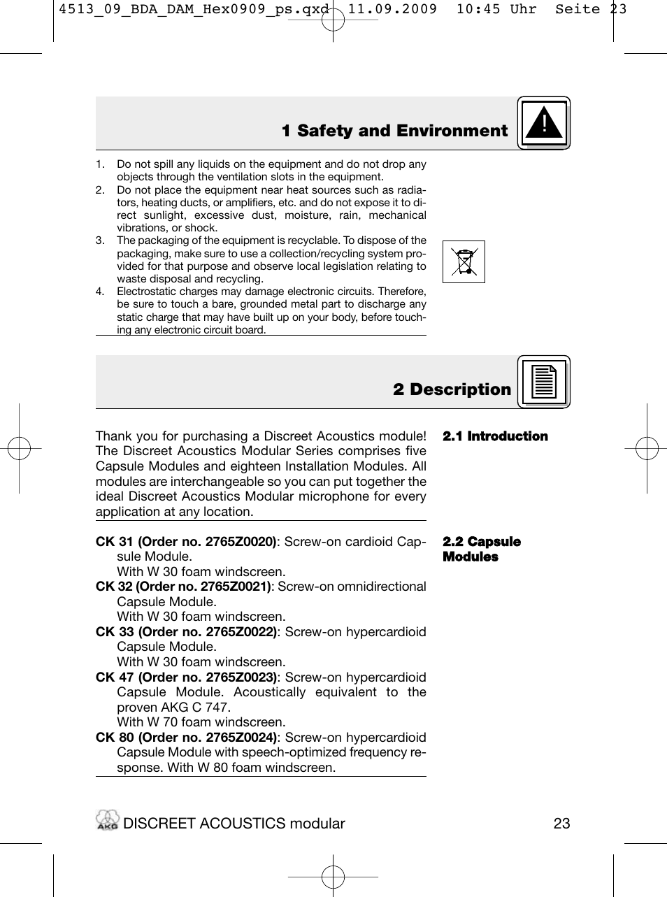2 description 1 safety and environment | Akg HM 1000 Ceiling Hanging Module for CK Series Microphone Capsules User Manual | Page 23 / 132