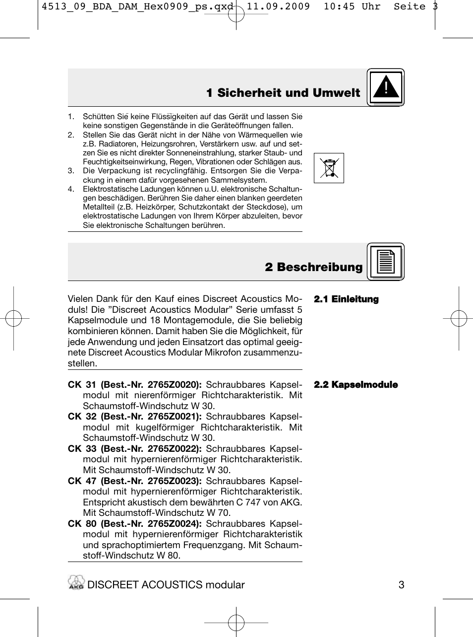 2 beschreibung 1 sicherheit und umwelt | Akg HM 1000 Ceiling Hanging Module for CK Series Microphone Capsules User Manual | Page 3 / 132