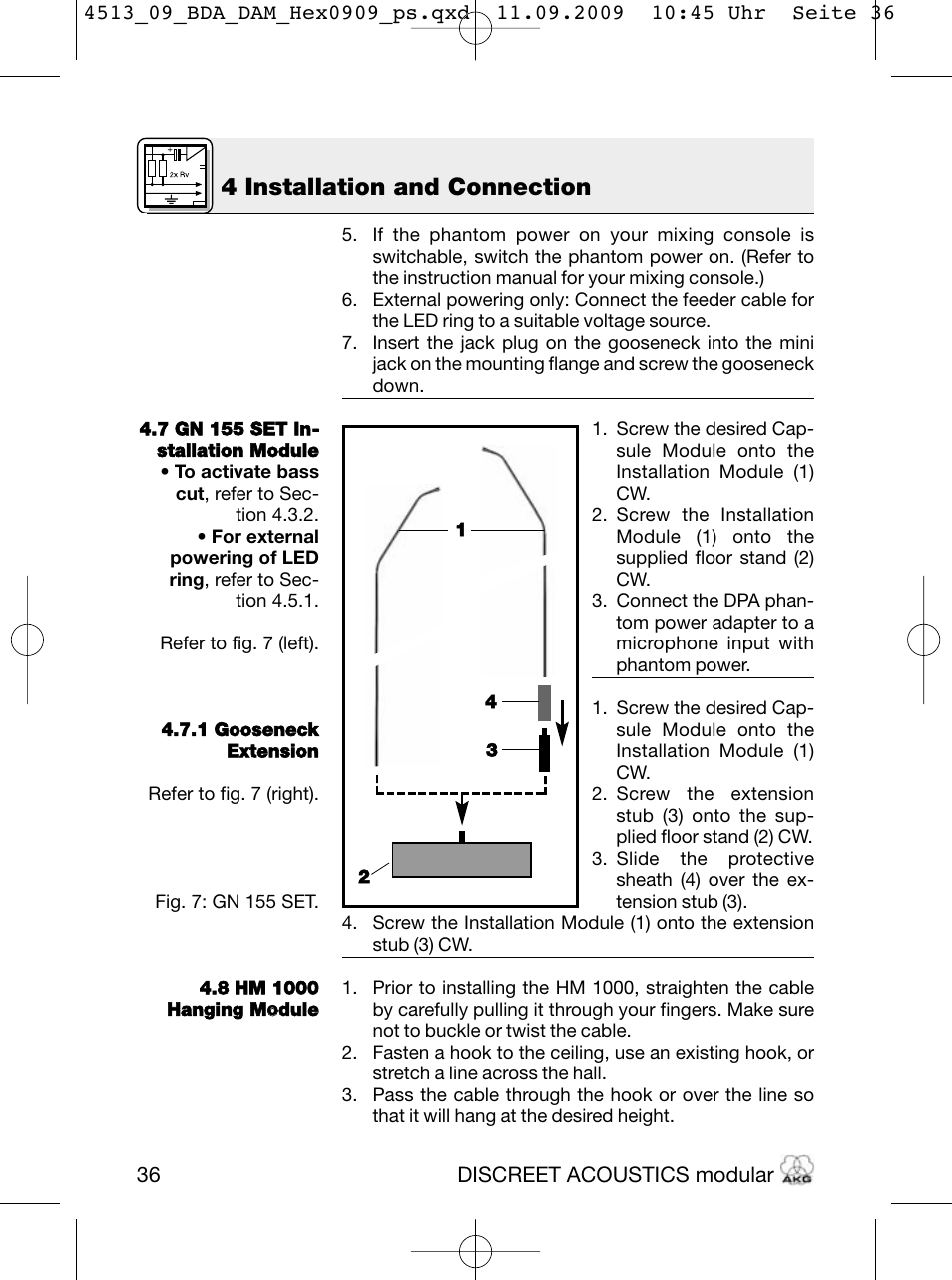 4 installation and connection | Akg HM 1000 Ceiling Hanging Module for CK Series Microphone Capsules User Manual | Page 36 / 132