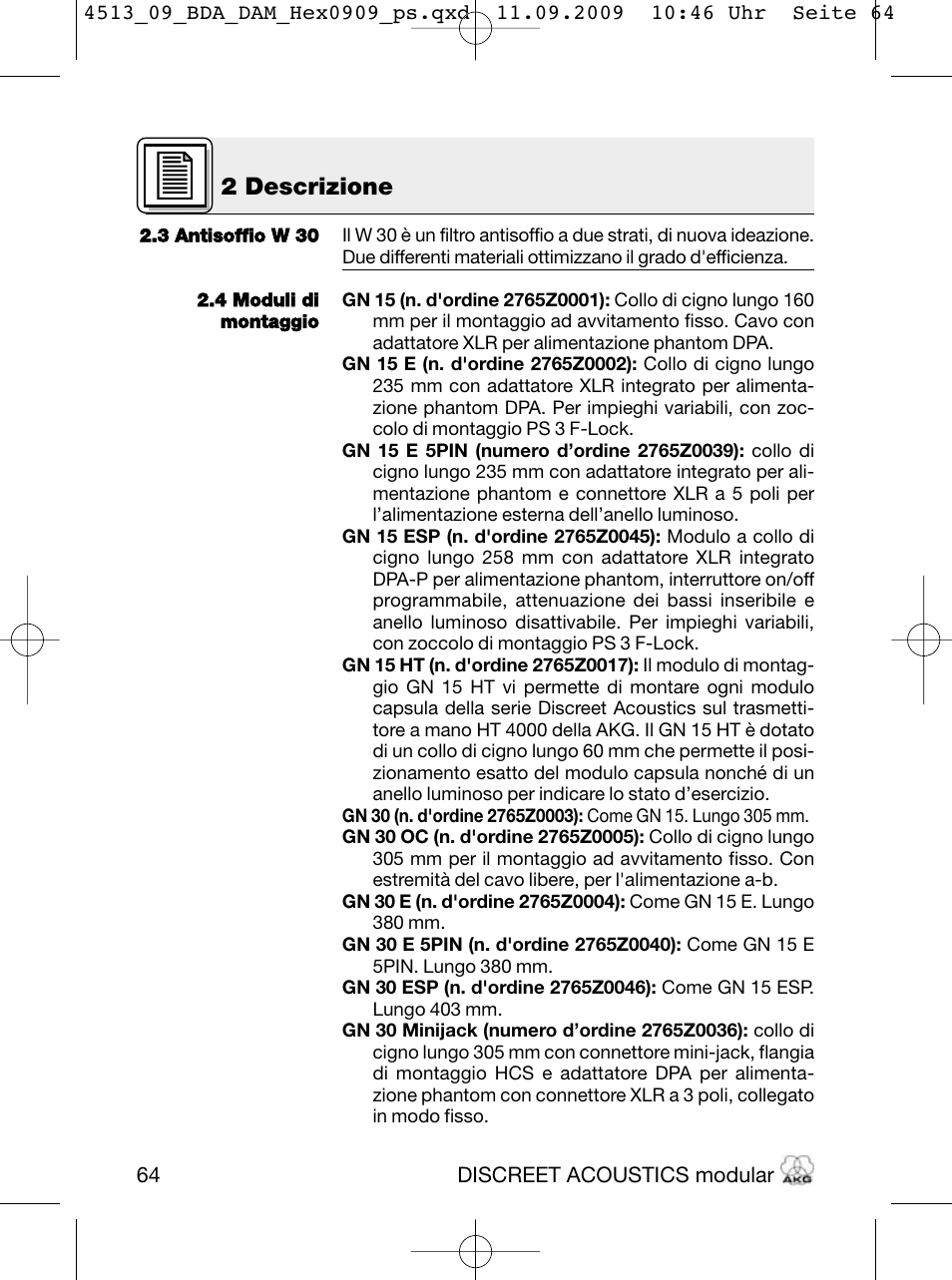 2 descrizione | Akg HM 1000 Ceiling Hanging Module for CK Series Microphone Capsules User Manual | Page 64 / 132