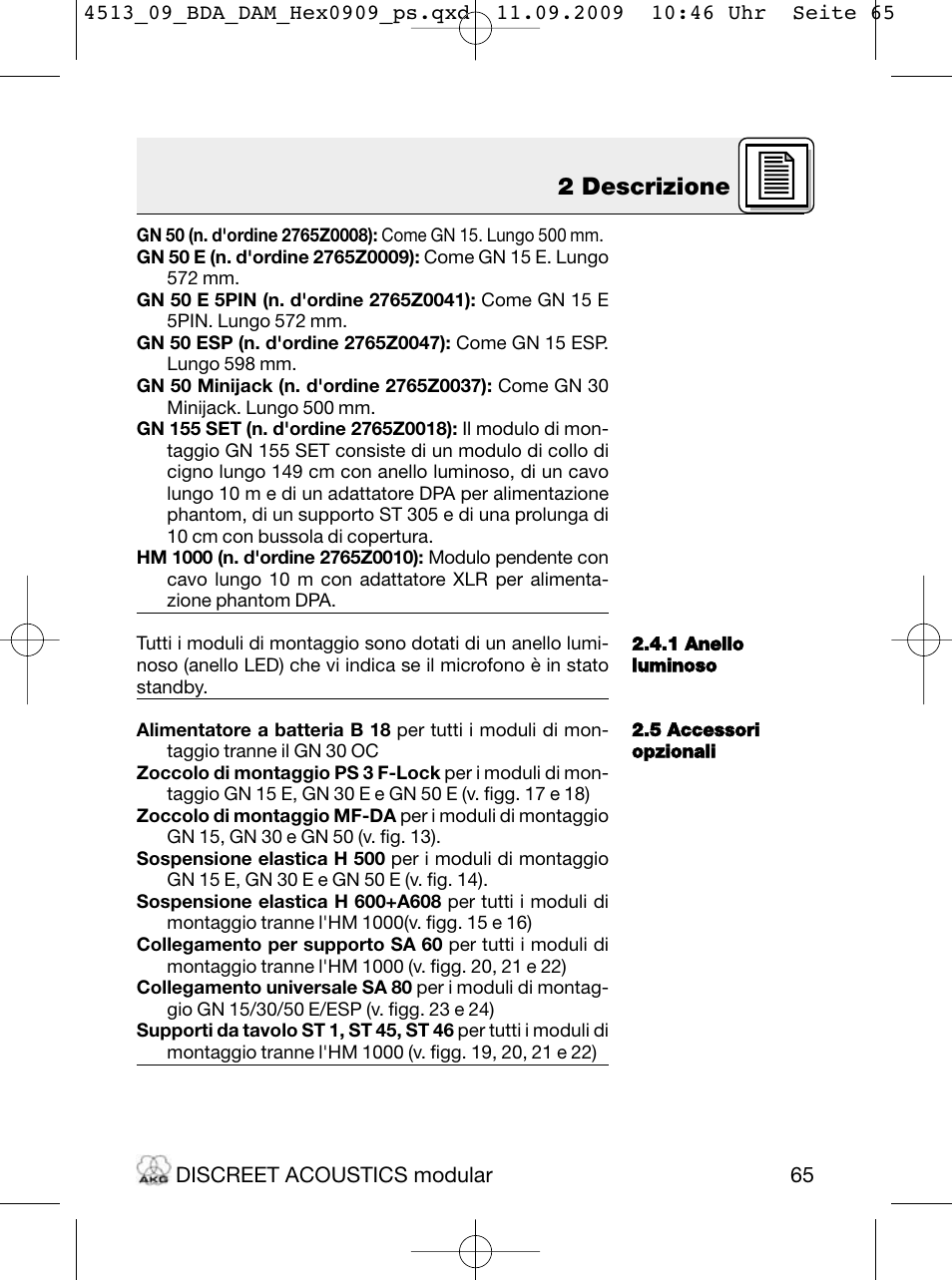 2 descrizione | Akg HM 1000 Ceiling Hanging Module for CK Series Microphone Capsules User Manual | Page 65 / 132