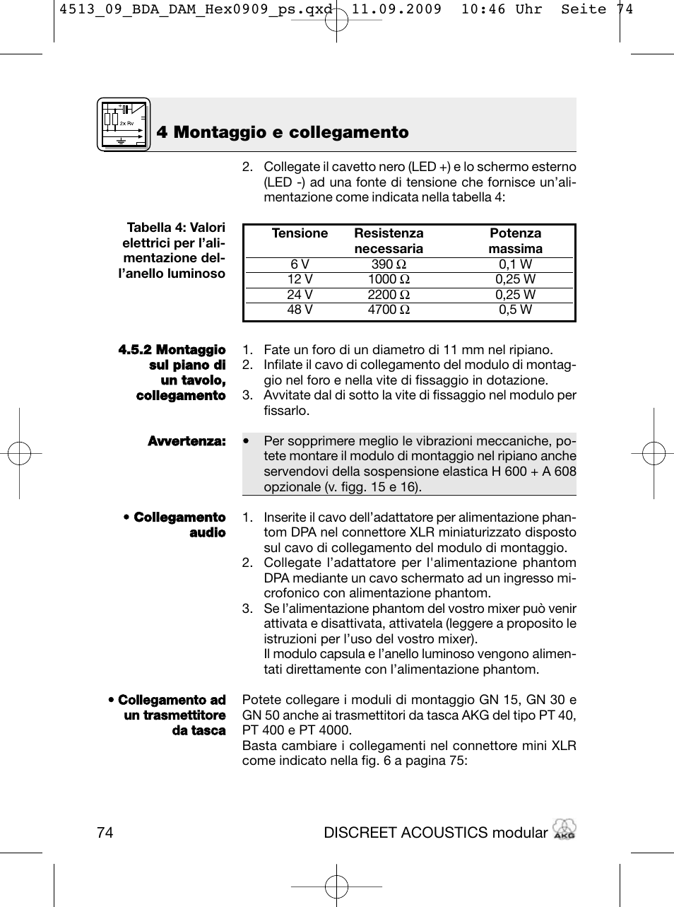 4 montaggio e collegamento | Akg HM 1000 Ceiling Hanging Module for CK Series Microphone Capsules User Manual | Page 74 / 132