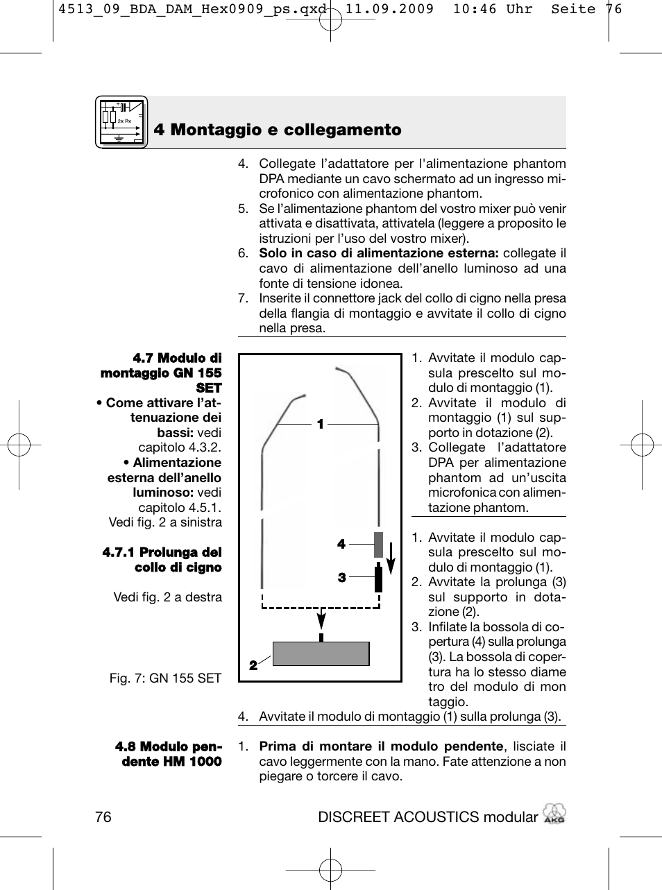 4 montaggio e collegamento | Akg HM 1000 Ceiling Hanging Module for CK Series Microphone Capsules User Manual | Page 76 / 132