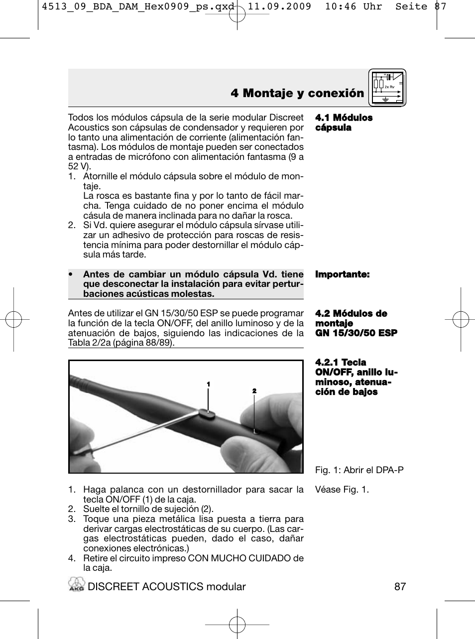 4 montaje y conexión | Akg HM 1000 Ceiling Hanging Module for CK Series Microphone Capsules User Manual | Page 87 / 132