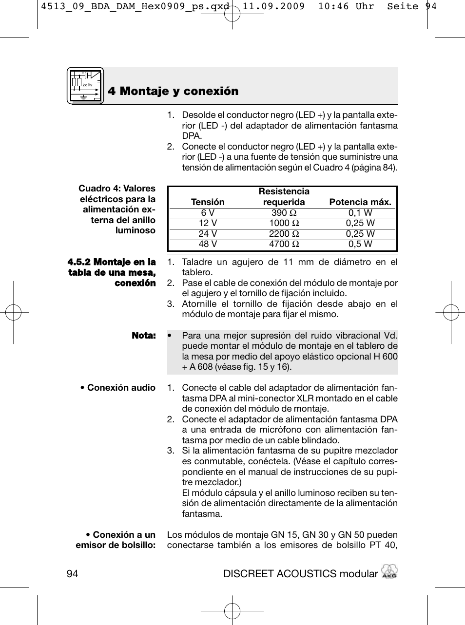 4 montaje y conexión | Akg HM 1000 Ceiling Hanging Module for CK Series Microphone Capsules User Manual | Page 94 / 132