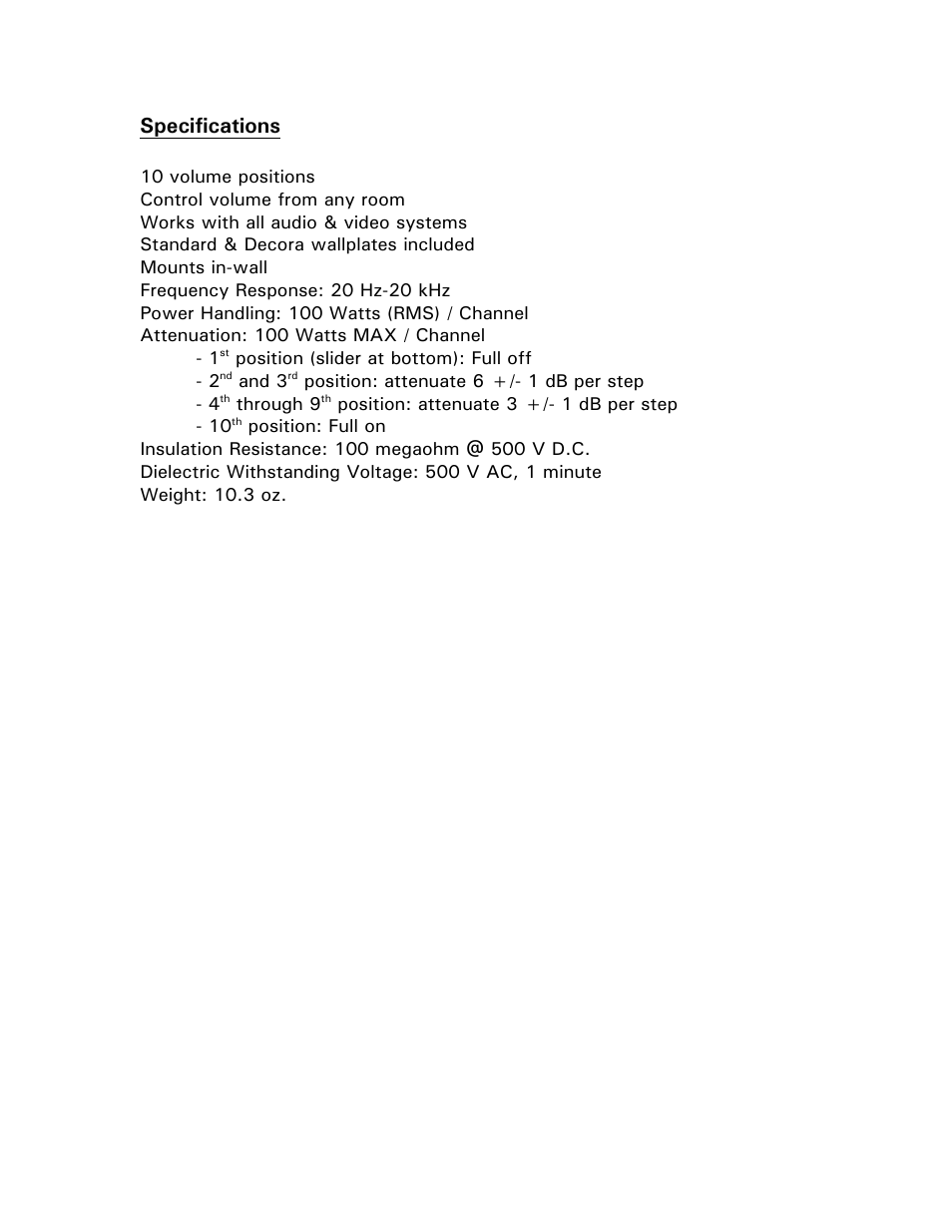 Specifications | PYLE Audio PVC2 Wall Mount Slide Volume Control User Manual | Page 3 / 3