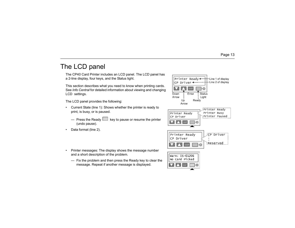 The lcd panel | Datacard Group CP40 User Manual | Page 16 / 32