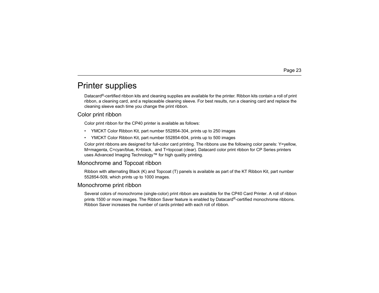 Printer supplies | Datacard Group CP40 User Manual | Page 26 / 32