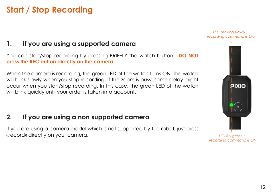 Start / stop recording, If you are using a supported camera, If you are using a non supported camera | MOVE'N SEE Personal Auto-Follow System User Manual | Page 12 / 49