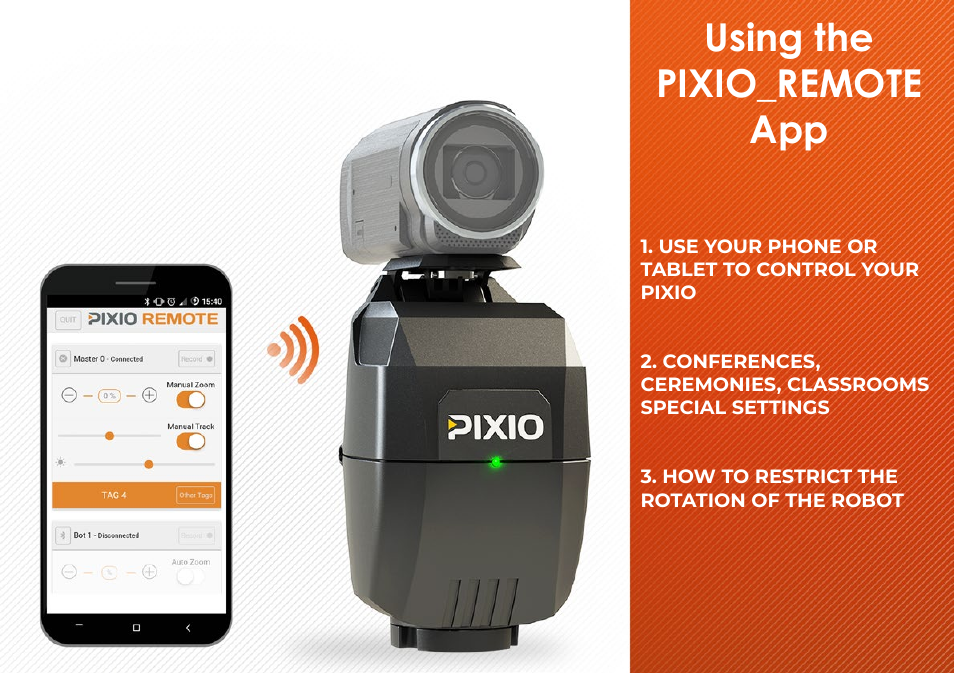 Using the pixio_remote app | MOVE'N SEE Personal Auto-Follow System User Manual | Page 13 / 49