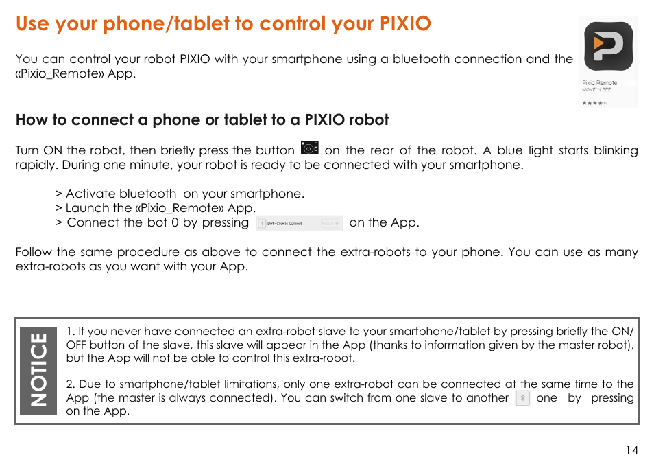 Use your phone/tablet to control your pixio, Notice, How to connect a phone or tablet to a pixio robot | MOVE'N SEE Personal Auto-Follow System User Manual | Page 14 / 49