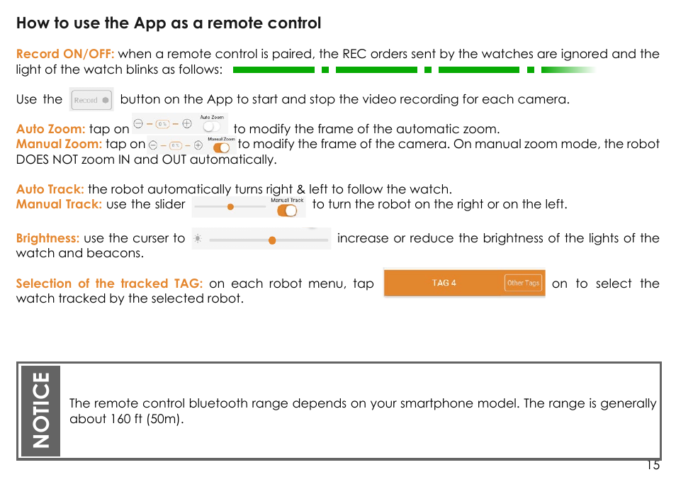 Notice, How to use the app as a remote control | MOVE'N SEE Personal Auto-Follow System User Manual | Page 15 / 49