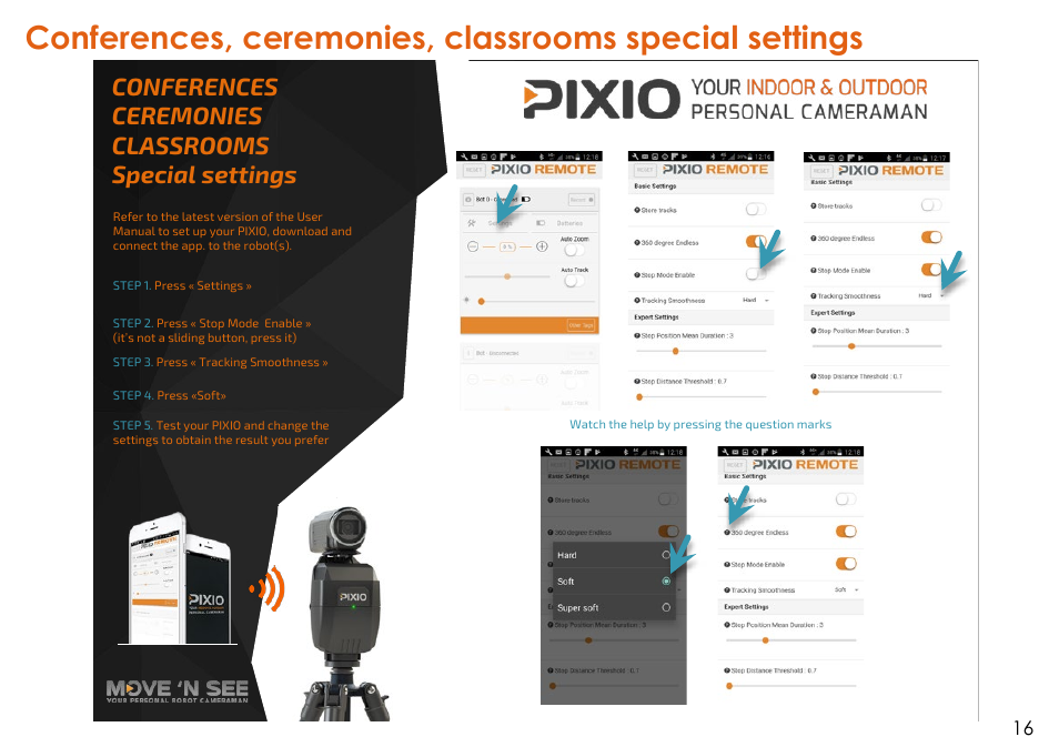 Conferences, ceremonies, classrooms special, Settings, Conferences ceremonies classrooms special settings | MOVE'N SEE Personal Auto-Follow System User Manual | Page 16 / 49