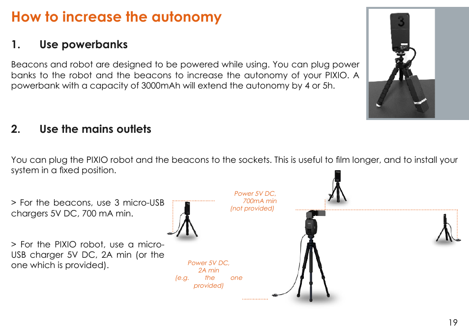 How to increase the autonomy, Use powerbanks, Use the mains outlets | MOVE'N SEE Personal Auto-Follow System User Manual | Page 19 / 49