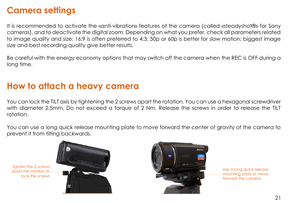 Camera settings, How to attach a heavy camera, Camera settings how to attach a heavy camera | MOVE'N SEE Personal Auto-Follow System User Manual | Page 21 / 49