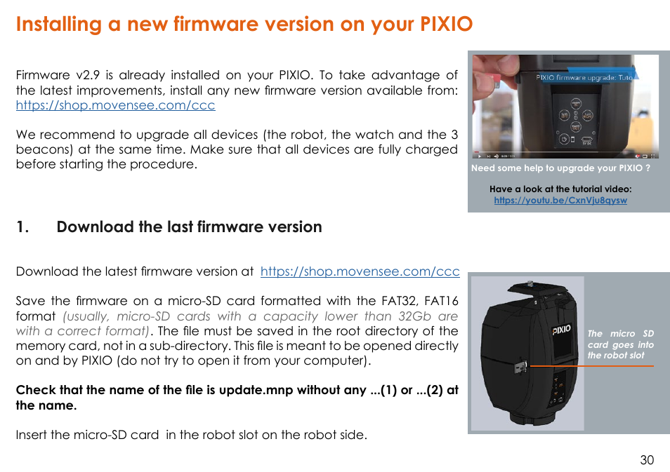 Installing a new firmware version on your pixio, Download the last firmware version | MOVE'N SEE Personal Auto-Follow System User Manual | Page 30 / 49