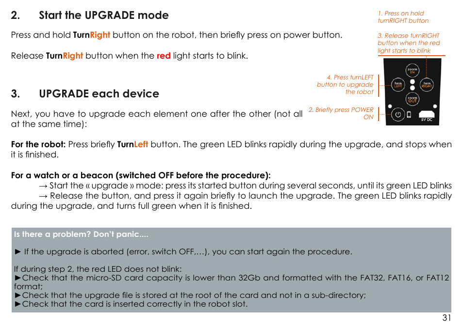 Start the upgrade mode, Upgrade each device | MOVE'N SEE Personal Auto-Follow System User Manual | Page 31 / 49