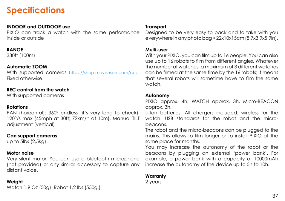 Specifications | MOVE'N SEE Personal Auto-Follow System User Manual | Page 37 / 49