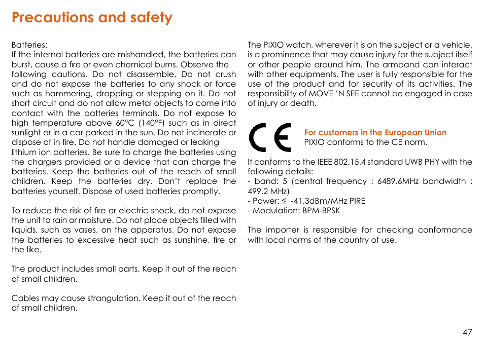 Precautions and safety | MOVE'N SEE Personal Auto-Follow System User Manual | Page 47 / 49